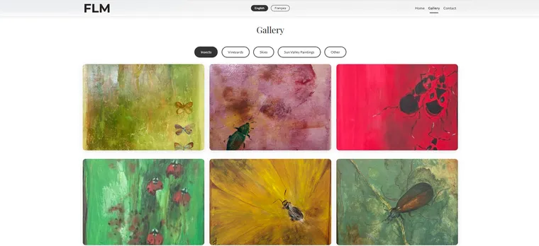 The gallery page filtered to the Insects category, showing six of the painter's works
