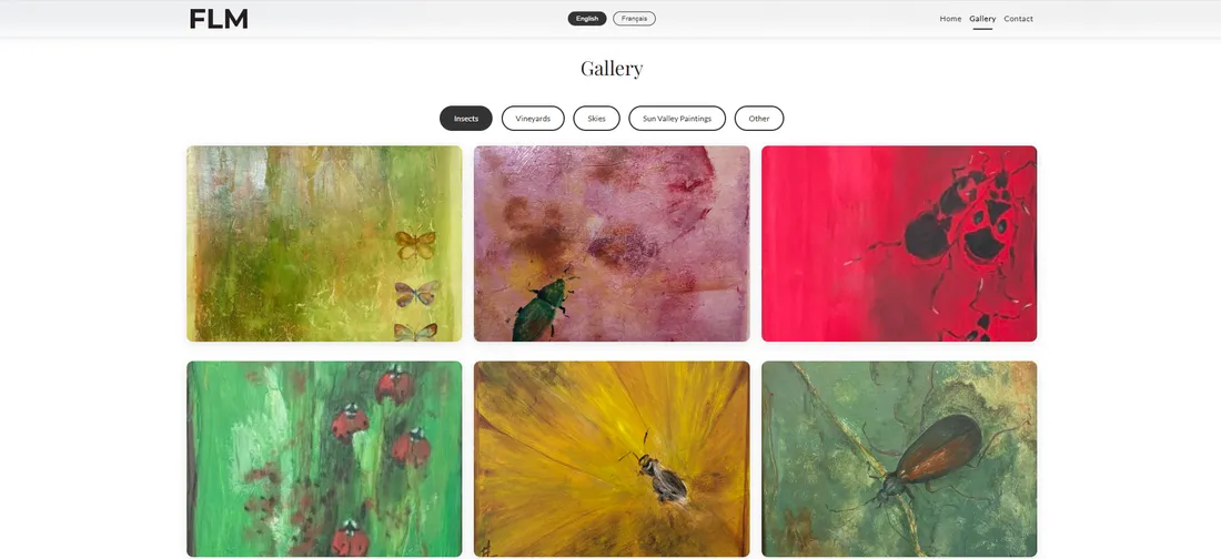The gallery page filtered to the Insects category, showing six of the painter's works