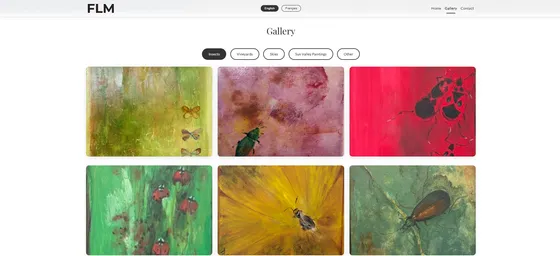 La page galerie filtrée sur la catégorie Insectes, montrant six œuvres de la peintre