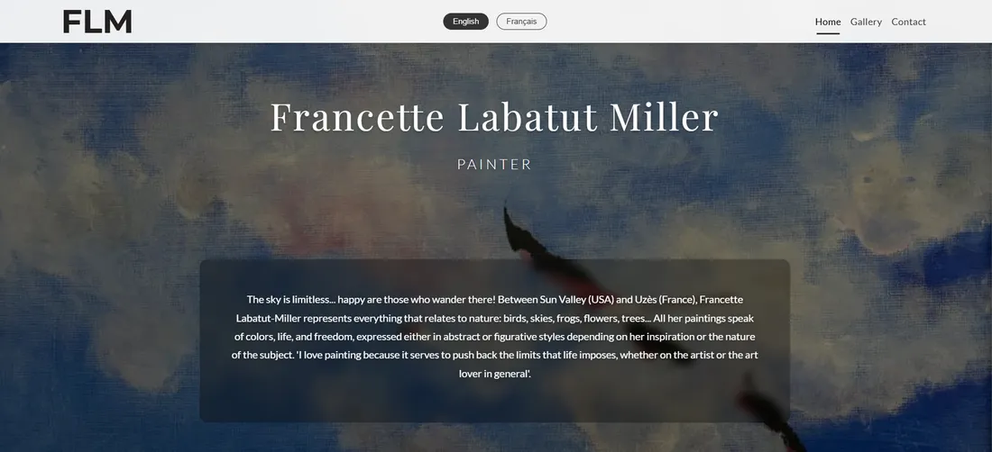 Francette Labatut Miller homepage with the artist's name over one of her sky paintings and her statement