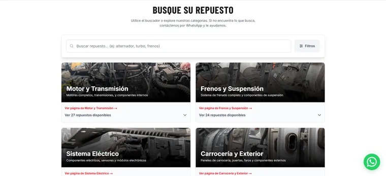 The Repuestos Villalobos parts finder with a search box, filters, and category cards showing stock counts