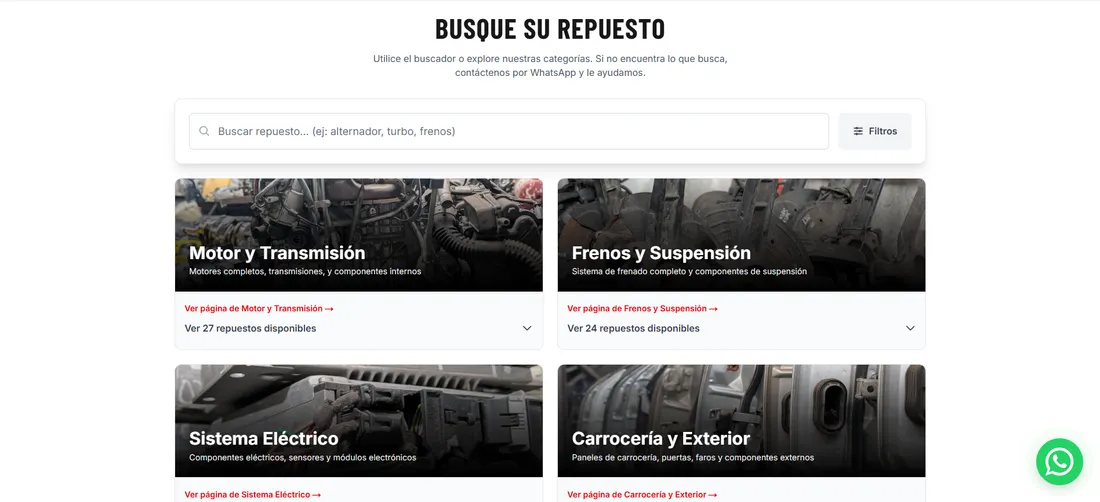The Repuestos Villalobos parts finder with a search box, filters, and category cards showing stock counts