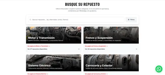 The Repuestos Villalobos parts finder with a search box, filters, and category cards showing stock counts