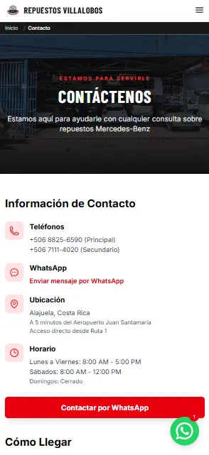 Repuestos Villalobos contact page on a phone showing phone numbers, WhatsApp, location, and opening hours