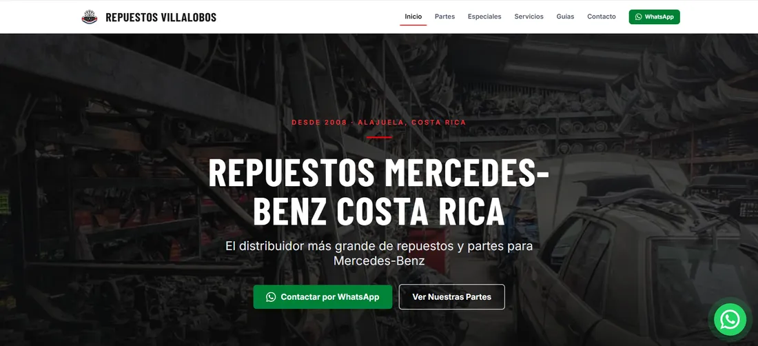 Repuestos Villalobos homepage hero with WhatsApp and catalog calls to action over a photo of the parts warehouse
