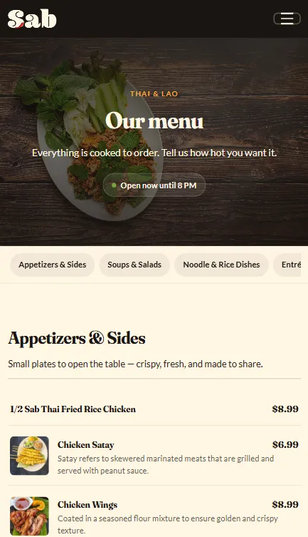 The Sab Fried Rice menu on a phone, with category tabs and per-dish photos and prices