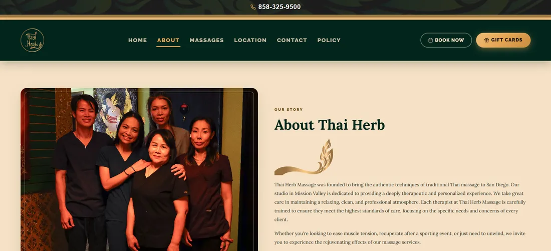 The About page of Thai Herb Massage showing the studio's team photo and story
