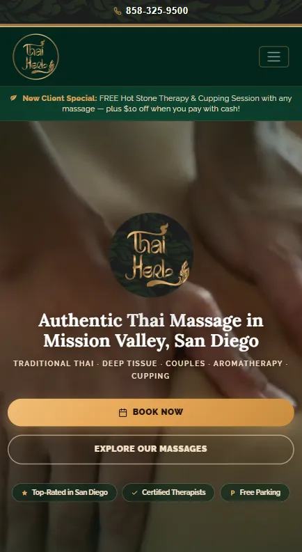 Thai Herb Massage homepage on a phone, with a promotion bar, booking button, and trust badges
