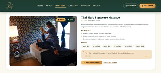 Thai Herb Signature Massage page with benefits, six pricing tiers, and a client review
