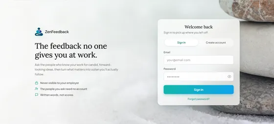 ZenFeedback landing page: the feedback no one gives you at work, next to a sign-in card