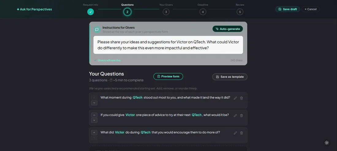 The question-building step of the request wizard, with editable open-ended questions and instructions for givers